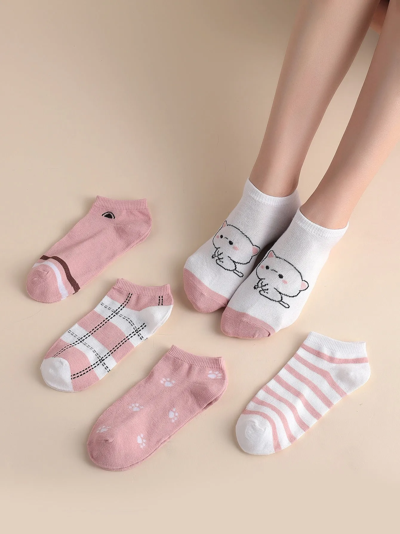 5pairs Cat Pink Ankle Socks Silly Socks for Women Funky Socks Funny Socks