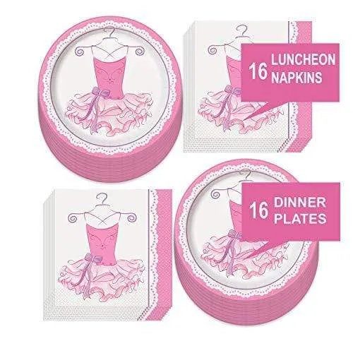 Ballerina Party Supplies - Pink Ballerina Ballet Dancer Paper Dinner Plates and Luncheon Napkins (Serves 16)