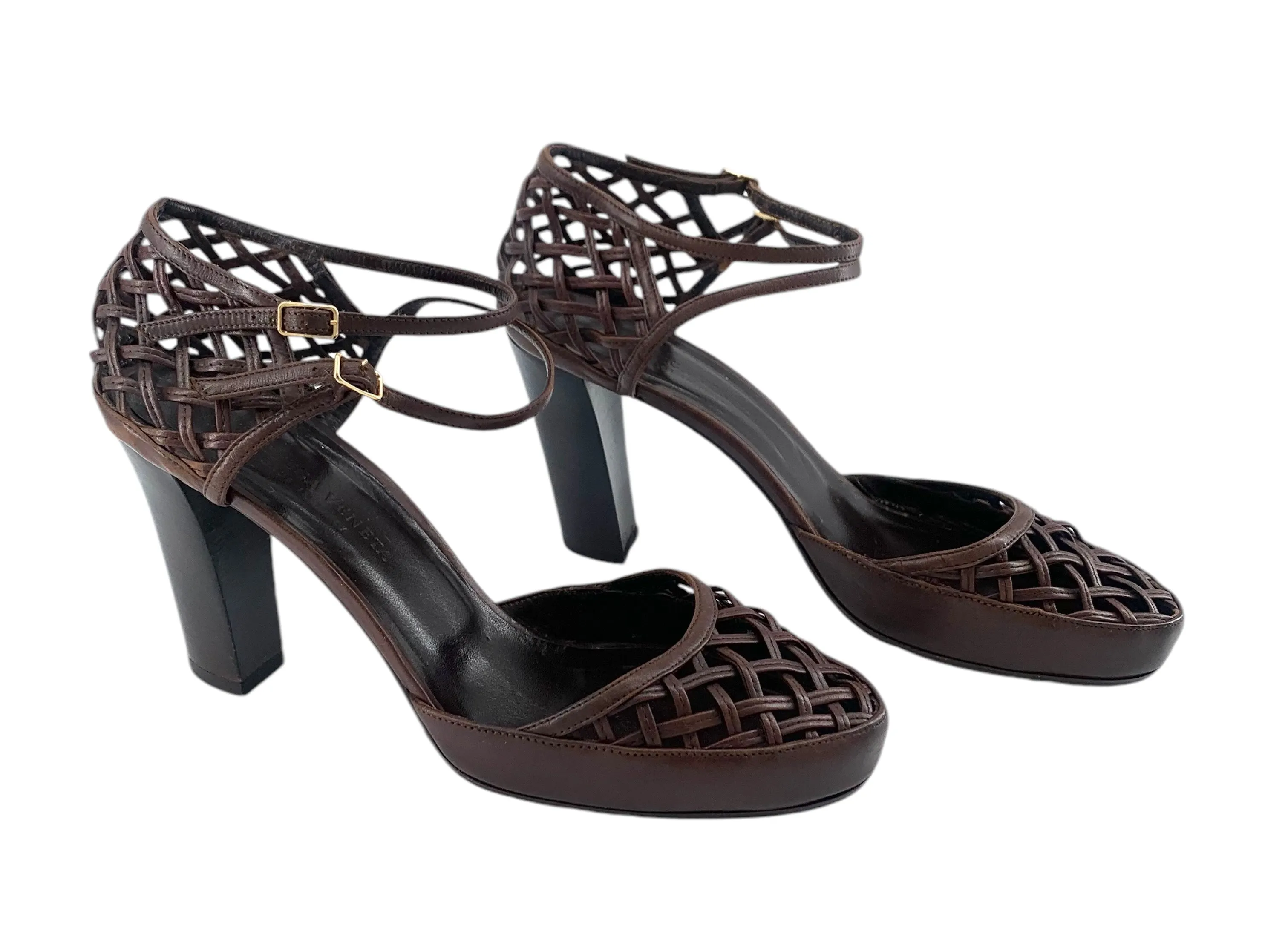 Bottega Veneta Brown Leather Woven Block Heels Sandals, New