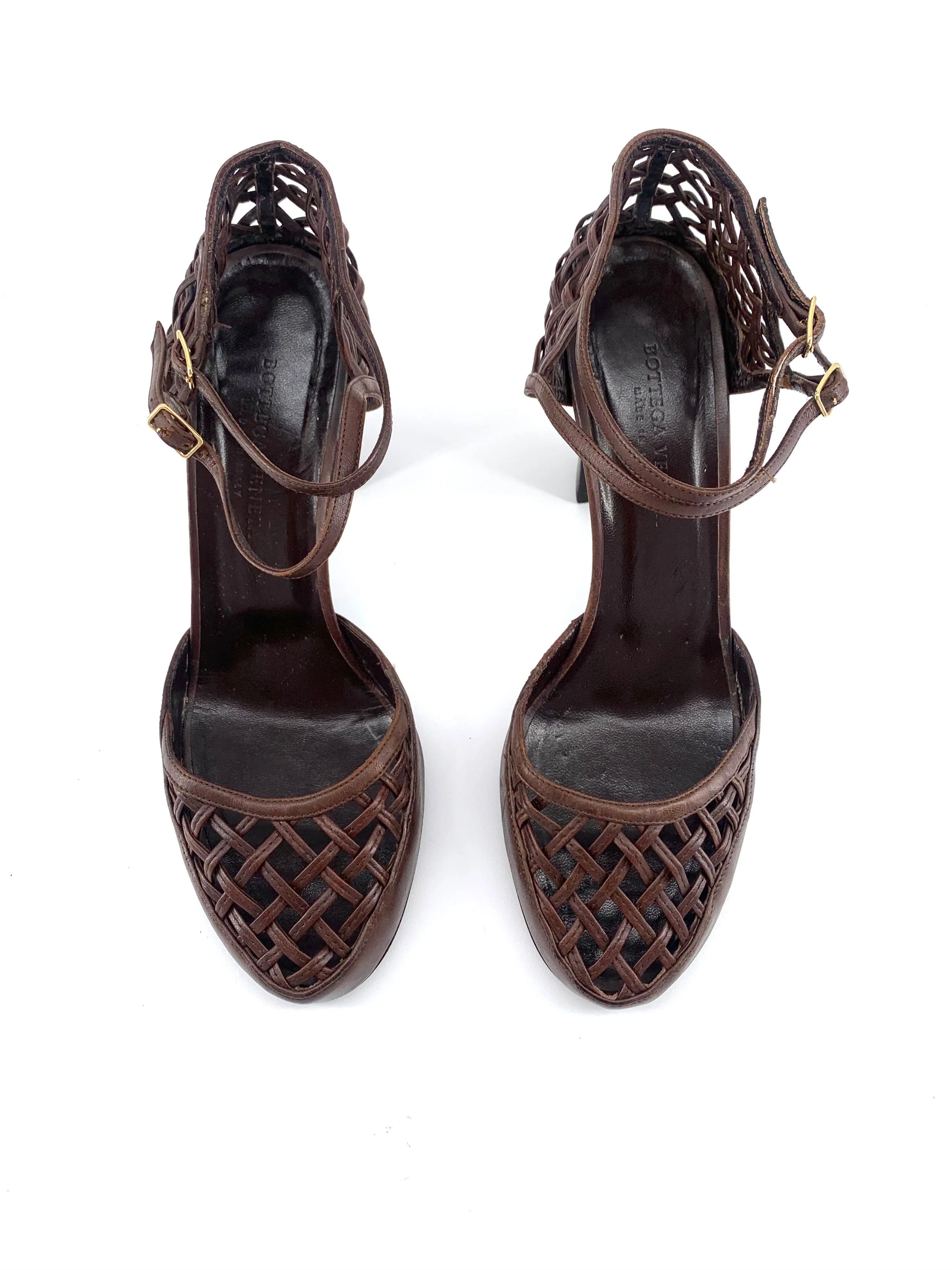 Bottega Veneta Brown Leather Woven Block Heels Sandals, New