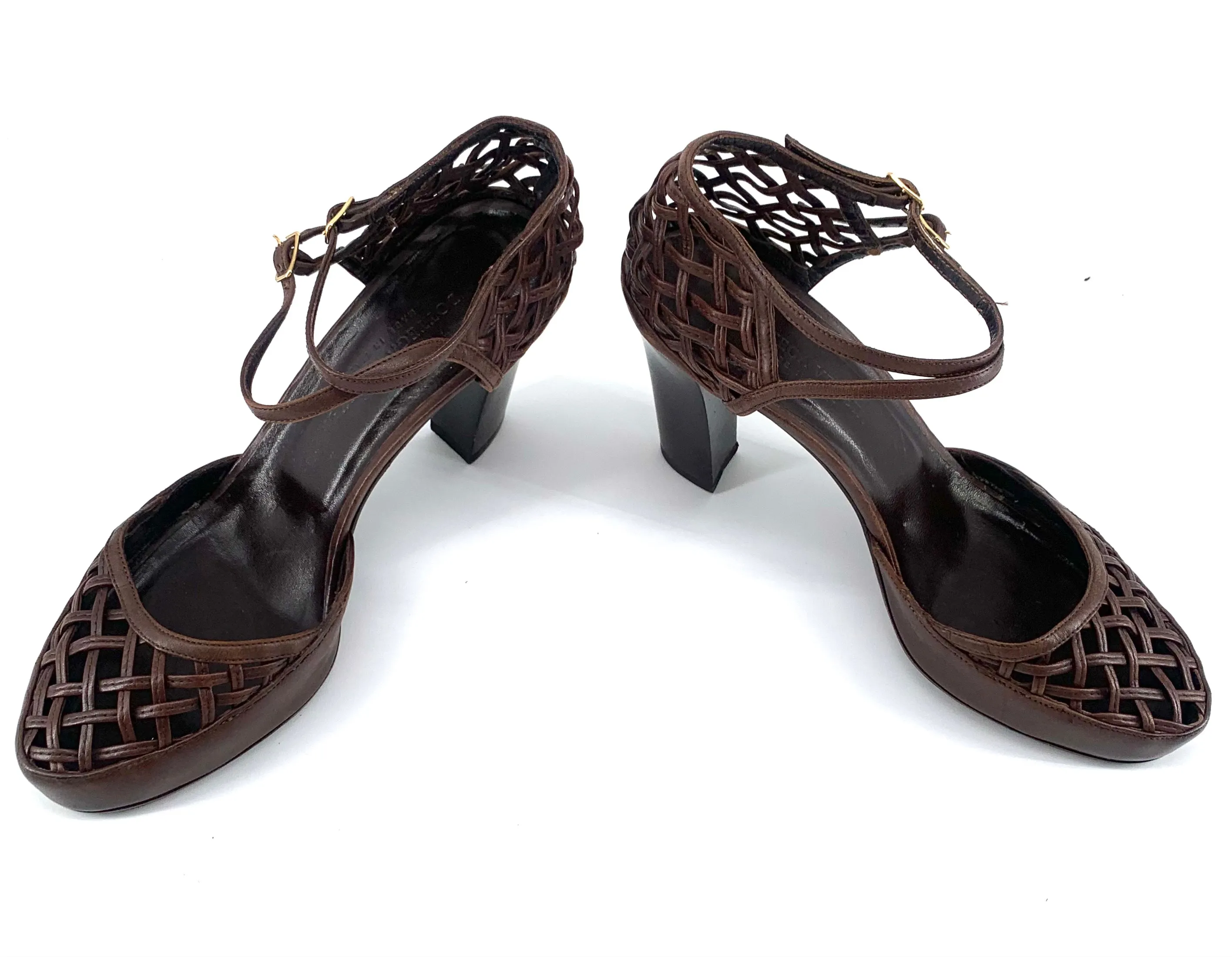 Bottega Veneta Brown Leather Woven Block Heels Sandals, New