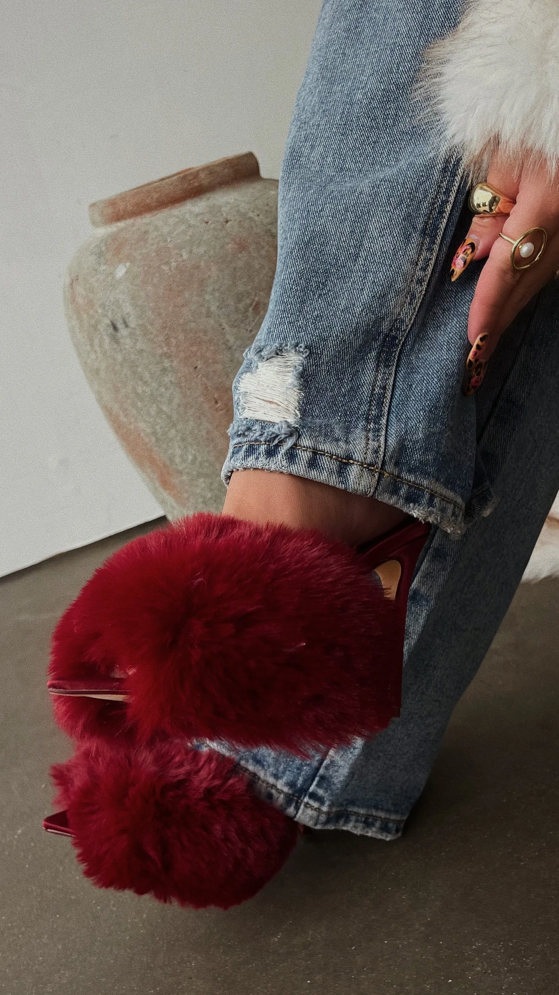 Cherie Faux Fur High Heel Mules - Cherry