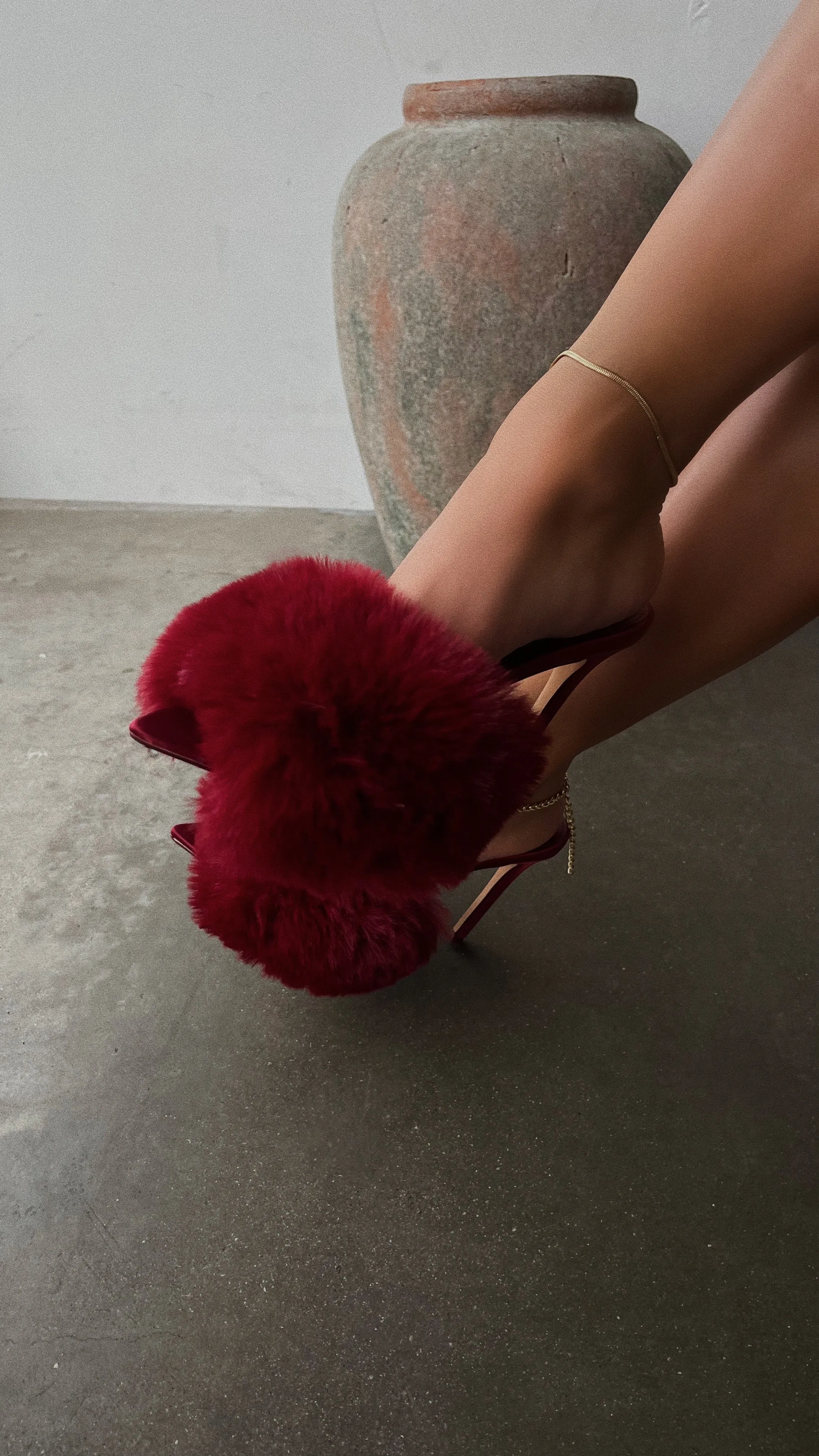 Cherie Faux Fur High Heel Mules - Cherry