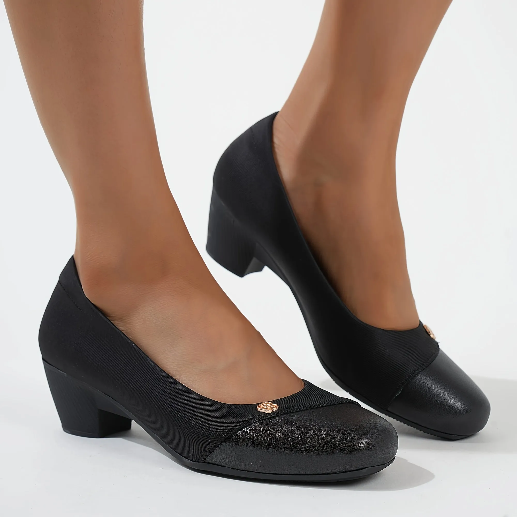 Comfy Chic Black Slip-On Pumps - Low Heel, Chunky, Casual, Office, Commuter Work Shoes for Women - Soft, Breathable, Easy to Walk In