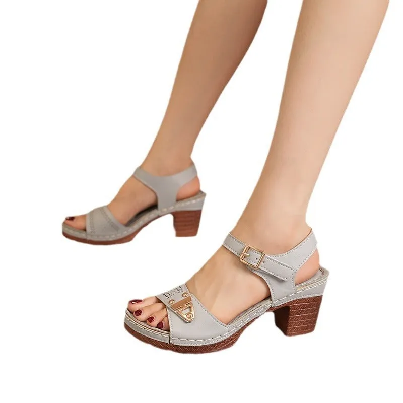 Face Buckle Chunky Heel High Heel Sandals Female