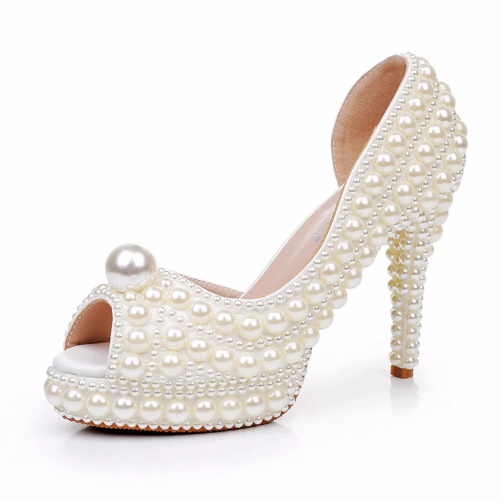 Fish Mouth High Heel Wedding Shoes With Pearl