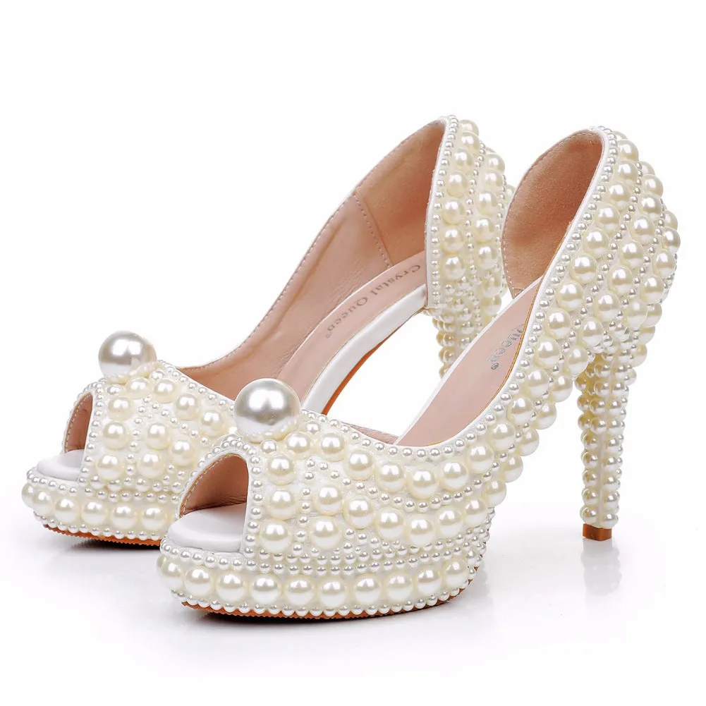 Fish Mouth High Heel Wedding Shoes With Pearl