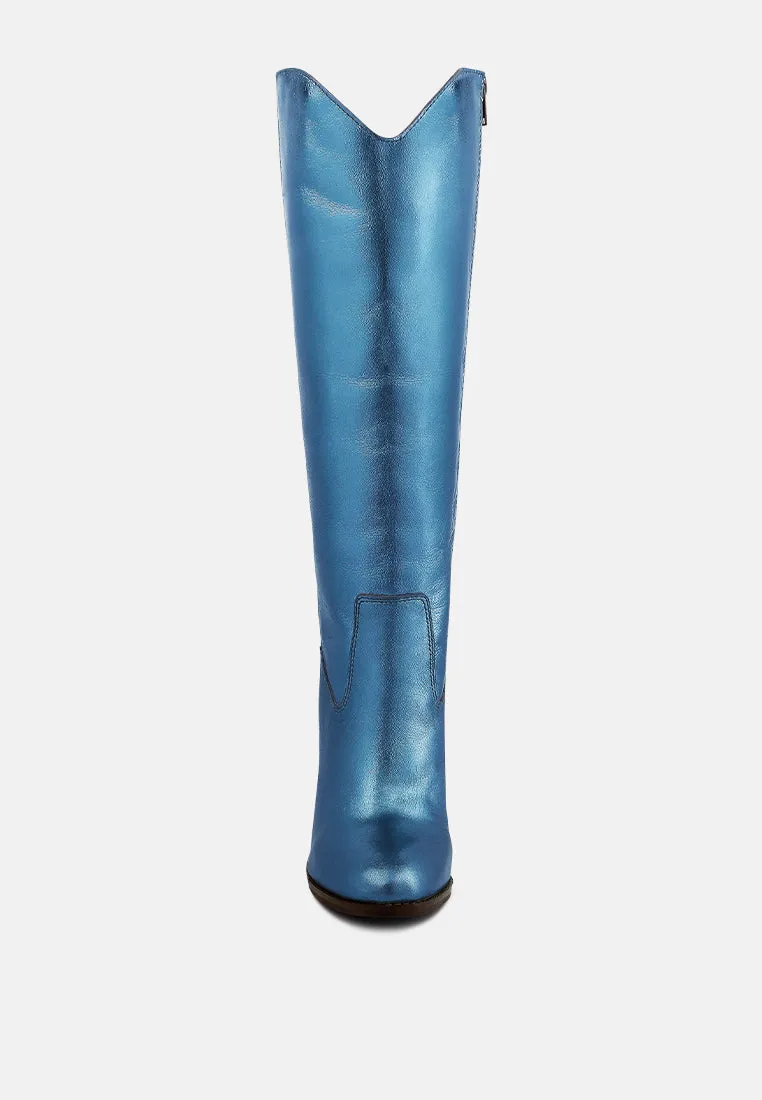 GREAT-STORM Blue Metallic Leather Calf Boots