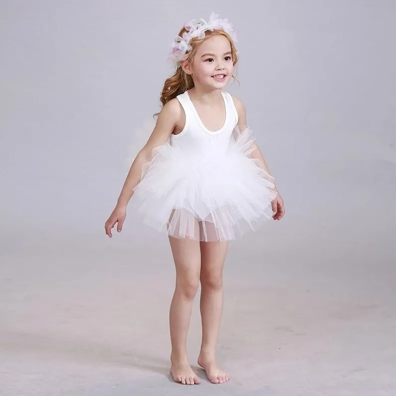 Little Girl Ballerina Tutu Dress Bodysuit, Professional Ballet Dancing Costume with Tulle Skirt for Toddler, White Black and Light Pink