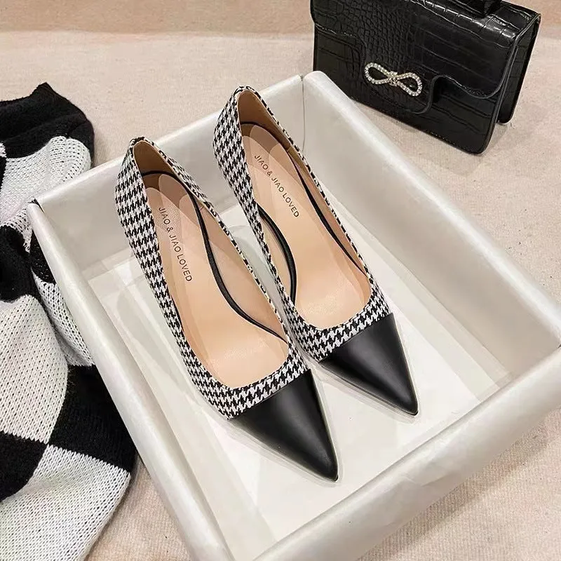 New pointed toe splice Houndstooth high heel shoes