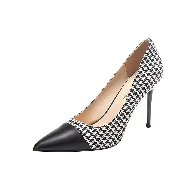 New pointed toe splice Houndstooth high heel shoes