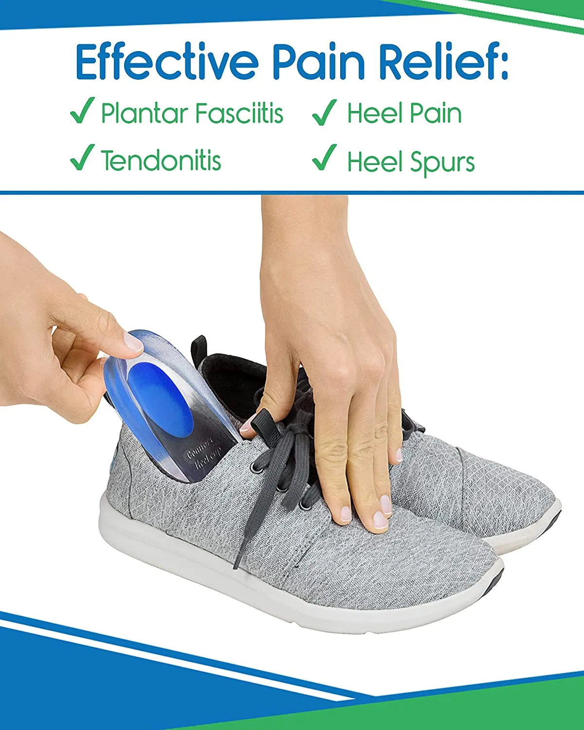 Silicone Gel Heel Cups - Shoe Inserts for Plantar Fasciitis, Sore Heel Pain, Bone Spur & Achilles Pain - Pad & Shock Absorbing Support