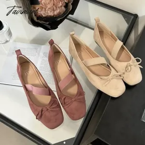 TAVIMART -  NEW Spring/Autumn Flats Mary Jane Shoes Square Toe Women's Shoes Bow Velvet Ballet Flats Women Shoes