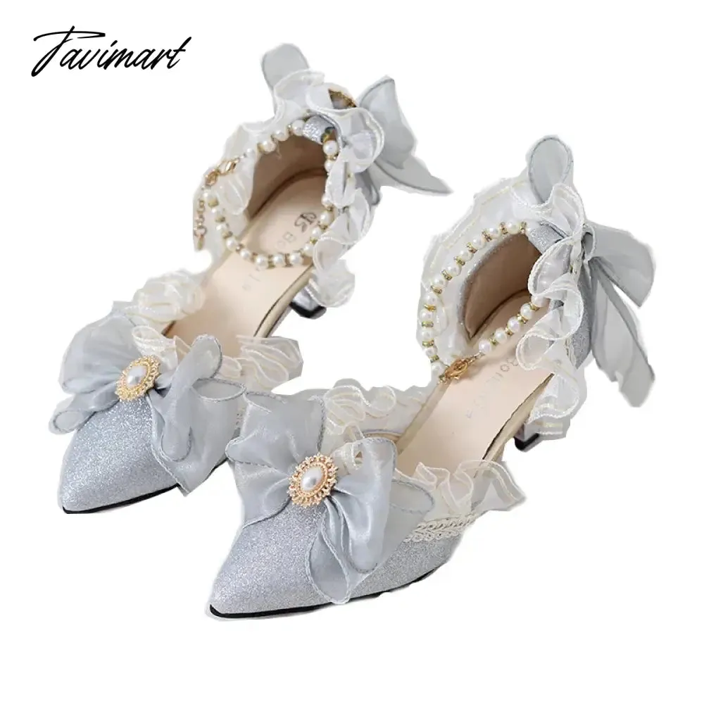 TAVIMART  -  Original Girls Sweet Lolita Ruffles Bowknot Lace Bridal Wedding Shoes Women High Heel Bordered Pearl Chain Princess Shoes