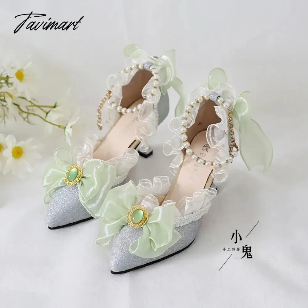 TAVIMART  -  Original Girls Sweet Lolita Ruffles Bowknot Lace Bridal Wedding Shoes Women High Heel Bordered Pearl Chain Princess Shoes