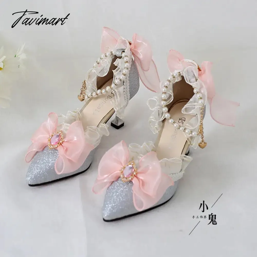 TAVIMART  -  Original Girls Sweet Lolita Ruffles Bowknot Lace Bridal Wedding Shoes Women High Heel Bordered Pearl Chain Princess Shoes