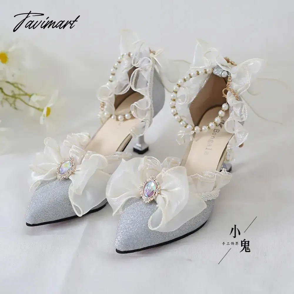 TAVIMART  -  Original Girls Sweet Lolita Ruffles Bowknot Lace Bridal Wedding Shoes Women High Heel Bordered Pearl Chain Princess Shoes