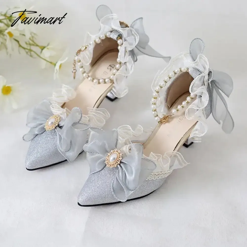 TAVIMART  -  Original Girls Sweet Lolita Ruffles Bowknot Lace Bridal Wedding Shoes Women High Heel Bordered Pearl Chain Princess Shoes