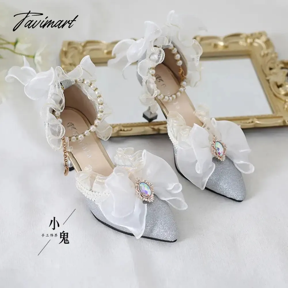 TAVIMART  -  Original Girls Sweet Lolita Ruffles Bowknot Lace Bridal Wedding Shoes Women High Heel Bordered Pearl Chain Princess Shoes