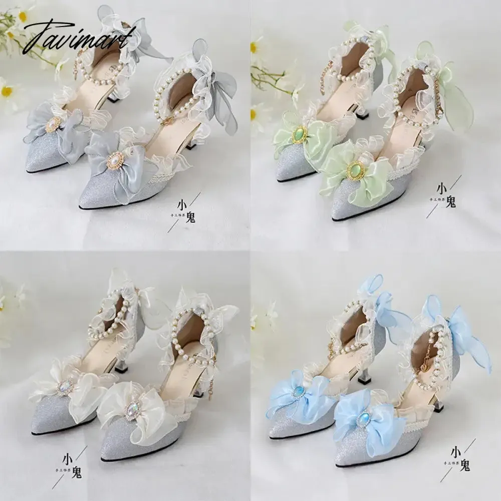 TAVIMART  -  Original Girls Sweet Lolita Ruffles Bowknot Lace Bridal Wedding Shoes Women High Heel Bordered Pearl Chain Princess Shoes