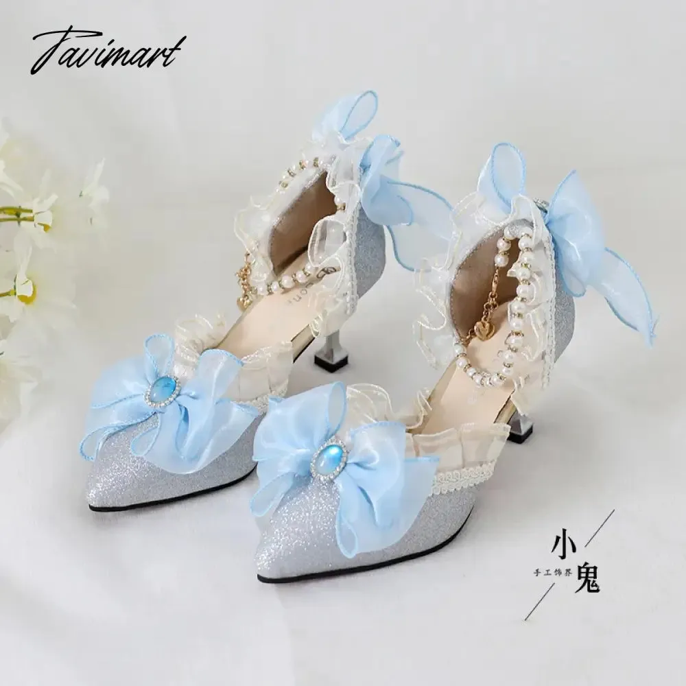 TAVIMART  -  Original Girls Sweet Lolita Ruffles Bowknot Lace Bridal Wedding Shoes Women High Heel Bordered Pearl Chain Princess Shoes