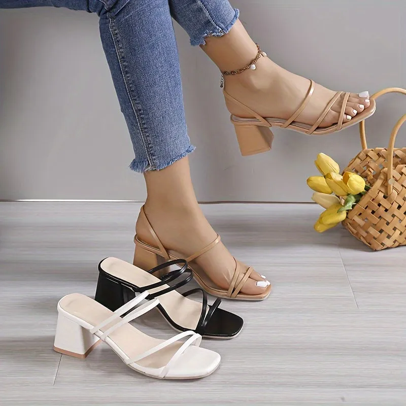 Womens Chic Chunky Heel Sandals - Square Toe Slip-Ons for Summer Style - Comfortable Casual Fashion Pumps